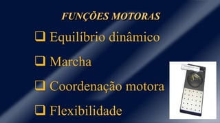 FUNÇÕES MOTORAS
 Equilíbrio dinâmico
 Marcha
 Coordenação motora
 Flexibilidade
 