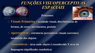 FUNÇÕES VISUOPERCEPTIVAS
ESPACIAIS
Processos:
Visuais Primários – acuidade visual, discriminação de
formas, de cores, movimentos, posição
Aperceptivos – estruturas perceptivas visuais coerentes;
totalidade dos objetos
Associativos – área onde objeto é reconhecido X área da
linguagem (significado; semântica)
 
