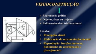 VISUOCONSTRUÇÃO
 Reprodução gráfica
 Objetos, faces ou trajetos
 Bidimensional ou tridimensional
Envolve:
1. Percepção visual
2. Elaboração de representação mental
3. Reprodução: funções motoras,
habilidades de coordenação e
planejamento
 