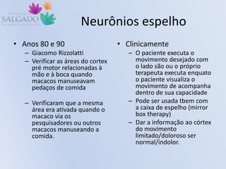 Neurônios espelho
• Anos 80 e 90
– Giacomo Rizzolatti
– Verificar as áreas do cortex
pré motor relacionadas à
mão e à boca quando
macacos manuseavam
pedaços de comida
– Verificaram que a mesma
área era ativada quando o
macaco via os
pesquisadores ou outros
macacos manuseando a
comida.
• Clinicamente
– O paciente executa o
movimento desejado com
o lado são ou o próprio
terapeuta executa enquato
o paciente visualiza o
movimento de acompanha
dentro de sua capacidade
– Pode ser usada tbem com
a caixa de espelho (mirror
box therapy)
– Dar a informação ao córtex
do movimento
limitado/doloroso ser
normal/indolor.
 