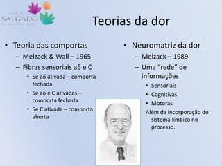 Teorias da dor
• Teoria das comportas
– Melzack & Wall – 1965
– Fibras sensoriais aδ e C
• Se aδ ativada – comporta
fechada
• Se aδ e C ativadas –
comporta fechada
• Se C ativada – comporta
aberta
• Neuromatriz da dor
– Melzack – 1989
– Uma “rede” de
informações
• Sensoriais
• Cognitivas
• Motoras
Além da incorporação do
sistema límbico no
processo.
 