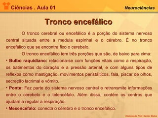 Ciências . Aula 01 Neurociências   Tronco encefálico O tronco cerebral ou encefálico é a porção do sistema nervoso central situada entre a medula espinhal e o cérebro. É no tronco encefálico que se encontra fixo o cerebelo. O tronco encefálico tem três porções que são, de baixo para cima: Bulbo raquidiano:  relaciona-se com funções vitais como a respiração, os batimentos do coração e a pressão arterial, e com alguns tipos de reflexos como mastigação, movimentos peristálticos, fala, piscar de olhos, secreção lacrimal e vômito.  Ponte:  Faz parte do sistema nervoso central e retransmite informações entre o cerebelo e o telencéfalo. Além disso, contém os centros que ajudam a regular a respiração. Mesencéfalo:  conecta o cérebro e o tronco encefálico. 