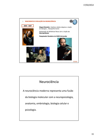 17/02/2012




               Neurociência

A neurociência moderna representa uma fusão

 da biologia molecular com a neuropsicologia,

 anatomia, embriologia, biologia celular e

 psicologia.




                                                       15
 
