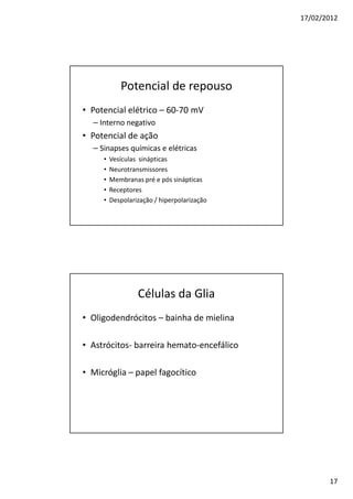 17/02/2012




            Potencial de repouso
• Potencial elétrico – 60-70 mV
  – Interno negativo
• Potencial de ação
  – Sinapses químicas e elétricas
     •   Vesículas sinápticas
     •   Neurotransmissores
     •   Membranas pré e pós sinápticas
     •   Receptores
     •   Despolarização / hiperpolarização




                  Células da Glia
• Oligodendrócitos – bainha de mielina

• Astrócitos- barreira hemato-encefálico

• Micróglia – papel fagocítico




                                                    17
 