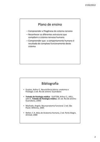 17/02/2012




                 Plano de ensino
   – Compreender a filogênese do sistema nervoso
   – Reconhecer as diferentes estruturas que
     compõem o sistema nervoso humano.
   – Compreender que o comportamento humano é
     resultado do complexo funcionamento deste
     sistema




                     Bibliografia
• Guyton, Arthur C. Neurociência básica: anatomia e
  fisiologia. 2.ed. Rio de Janeiro: Guanabara

• Tratado de fisiologia médica GUYTON, Arthur C.; HALL,
  John E. Tratado de fisiologia médica. 10. ed. Rio de Janeiro:
  Guanabara, c2002

• Machado, Angelo. Neuroanatomia funcional. 2 ed. São
  Paulo: AtHeneu, 2005

• Netter, F. H. Atlas de Anatomia Humana, 2 ed. Porto Alegre,
  Artmed, 2000




                                                                          2
 