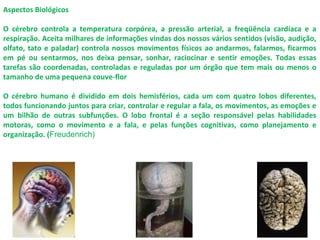 Aspectos Biológicos
O cérebro controla a temperatura corpórea, a pressão arterial, a freqüência cardíaca e a
respiração. Aceita milhares de informações vindas dos nossos vários sentidos (visão, audição,
olfato, tato e paladar) controla nossos movimentos físicos ao andarmos, falarmos, ficarmos
em pé ou sentarmos, nos deixa pensar, sonhar, raciocinar e sentir emoções. Todas essas
tarefas são coordenadas, controladas e reguladas por um órgão que tem mais ou menos o
tamanho de uma pequena couve-flor
O cérebro humano é dividido em dois hemisférios, cada um com quatro lobos diferentes,
todos funcionando juntos para criar, controlar e regular a fala, os movimentos, as emoções e
um bilhão de outras subfunções. O lobo frontal é a seção responsável pelas habilidades
motoras, como o movimento e a fala, e pelas funções cognitivas, como planejamento e
organização. (Freudenrich)
 