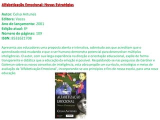 Alfabetização Emocional: Novas EstratégiasAlfabetização Emocional: Novas Estratégias
Autor: Celso Antunes
Editora: Vozes
Ano de lançamento: 2001
Edição atual: 8ª
Número de páginas: 109
ISBN: 8532621708
Apresenta aos educadores uma proposta aberta e interativa, sobretudo aos que acreditam que o
aprendizado está mudando e que o ser humano demonstra potencial para desenvolver múltiplas
inteligências. O autor, com sua larga experiência na direção e orientação educacional, expõe de forma
transparente e didática que a educação da emoção é possível. Respaldando-se nas pesquisas de Gardner e
Goleman sobre os novos conceitos de inteligência, esta obra propõe um currículo, estratégias e meios de
avaliação da 'Alfabetização Emocional', incorporando-se aos princípios e fins de nossa escola, para uma nova
educação.
 