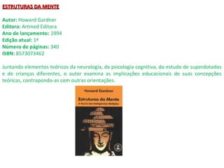 ESTRUTURAS DA MENTEESTRUTURAS DA MENTE
Autor: Howard Gardner
Editora: Artmed Editora
Ano de lançamento: 1994
Edição atual: 1ª
Número de páginas: 340
ISBN: 8573073462
Juntando elementos teóricos da neurologia, da psicologia cognitiva, do estudo de superdotados
e de crianças diferentes, o autor examina as implicações educacionais de suas concepções
teóricas, contrapondo-as com outras orientações.
 