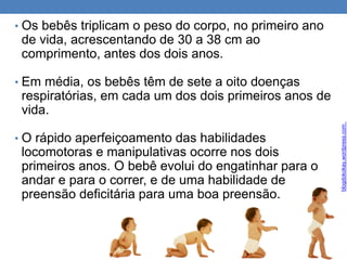 • Os bebês triplicam o peso do corpo, no primeiro ano
de vida, acrescentando de 30 a 38 cm ao
comprimento, antes dos dois anos.
• Em média, os bebês têm de sete a oito doenças
respiratórias, em cada um dos dois primeiros anos de
vida.
• O rápido aperfeiçoamento das habilidades
locomotoras e manipulativas ocorre nos dois
primeiros anos. O bebê evolui do engatinhar para o
andar e para o correr, e de uma habilidade de
preensão deficitária para uma boa preensão.
blogdokokay.wordpress.com
 