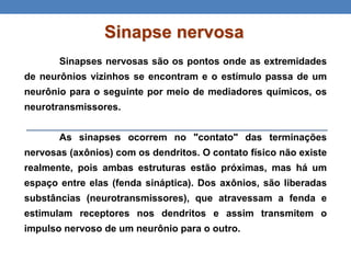 Sinapse nervosa
Sinapses nervosas são os pontos onde as extremidades
de neurônios vizinhos se encontram e o estímulo passa de um
neurônio para o seguinte por meio de mediadores químicos, os
neurotransmissores.
As sinapses ocorrem no "contato" das terminações
nervosas (axônios) com os dendritos. O contato físico não existe
realmente, pois ambas estruturas estão próximas, mas há um
espaço entre elas (fenda sináptica). Dos axônios, são liberadas
substâncias (neurotransmissores), que atravessam a fenda e
estimulam receptores nos dendritos e assim transmitem o
impulso nervoso de um neurônio para o outro.
 