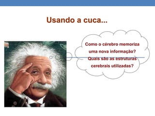 Usando a cuca...
Como o cérebro memoriza
uma nova informação?
Quais são as estruturas
cerebrais utilizadas?
 