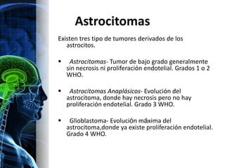 Astrocitomas
Existen tres tipo de tumores derivados de los
   astrocitos.

    Astrocitomas- Tumor de bajo grado generalmente
    sin necrosis ni proliferación endotelial. Grados 1 o 2
    WHO.

    Astrocitomas Anaplásicos- Evolución del
    astrocitoma, donde hay necrosis pero no hay
    proliferación endotelial. Grado 3 WHO.

    Glioblastoma- Evolución máxima del
    astrocitoma,donde ya existe proliferación endotelial.
    Grado 4 WHO.
 