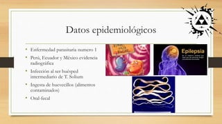 Datos epidemiológicos
• Enfermedad parasitaria numero 1
• Perú, Ecuador y México evidencia
radiográfica
• Infección al ser huésped
intermediario de T. Solium
• Ingesta de huevecillos (alimentos
contaminados)
• Oral-fecal
 