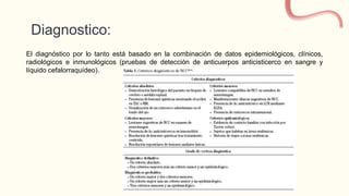 Diagnostico:
El diagnóstico por lo tanto está basado en la combinación de datos epidemiológicos, clínicos,
radiológicos e inmunológicos (pruebas de detección de anticuerpos anticisticerco en sangre y
líquido cefalorraquídeo).
 