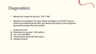 Diagnostico:
• Métodos de Imagen de elección: TAC Y RM
• Métodos Inmunológicos: El mejor metodo serológico es el EITB “Enzyme-
linked Inmunoelectrotransfer Blot” que detecta anticuerpos contra antígenos
glicoproteicos específicos del parásito.
• Análisis del LCR:
 Pleocitosis (en general < 300 cell/mL)
 con o sin eosinófilos.
 Hiperproteinorraquia (50-300 mg/dL).
 Hipoglucorraquia
 