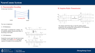 NeuroComm System
Zhengzhong Guan
IoT Thrust
Information Hub
A. Neuromorphic Encoding
B. Impulse Radio Transmission
The impulse radio block takes as input the spiking signals
produced by the encoding SNN, and possibly by TH modulation,
and it produces the modulated signals
At time step for device :
vector vector
Encoding SNN
Two way to implement:
1) TH Modulation
Each sample is expanded into samples , for ,
by randomly adding a discrete-time offset to
the timing of each spike
2) LTH Modulation
Expand the sensed signal for each time instant
by adding zero samples before feeding the
sequence of samples to the encoding SNN
 