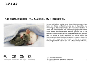 DIE ERINNERUNG VON MÄUSEN MANIPULIEREN
Forscher des Centre national de la recherche scientifique in Paris
haben eine Studie veröffentlicht, in der sie die Manipulation der
Erinnerung von Mäusen beschreiben. Sie beobachteten die Tiere im
Schlaf, weil währenddessen die Erinnerungen gespeichert werden.
Dabei wurden jene Nervenzellen ausfindig gemacht, die für die
Orientierung zuständig sind. Waren diese Zellen aktiv, hieß das, dass
das Tier gerade an einen bestimmten Ort dachte. Durch eine
gleichzeitige Stimulation der Belohnungsregion im Gehirn sorgten die
Forscher dafür, dass das Tier diesen Ort mit einer positiven
Erinnerung assoziierte und ihn nach dem Aufwachen sofort aufsuchte.
http://www.nature.com
Centre national de la recherche scientifique,
Frankreich
19Trendexplorer Send A Trend PPT Export Weitere Bilder
 