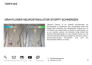 DRAHTLOSER NEUROSTIMULATOR STOPPT SCHMERZEN
„Stimwave Freedom“ ist ein drahtloser Neurostimulator, der
Schmerzsignale im Rückenmark ohne herausragende Kabel oder
etwaige Akkus unterdrückt. Das millimetergroße Implantat kann mit
einer Nadel in die richtige Position im Rückennerv injiziert werden, wo
es sich rutschfest verankert. Die Stimulation erfolgt drahtlos über
schwache Mikrowellensignale von einem tragbaren Sender aus. Als
erster Neurostimulator überhaupt ermöglicht es „Stimwave Freedom“,
Kernspinuntersuchungen durchzuführen, ohne zuvor den
Neurostimulator entfernen zu müssen.
http://www.stimwave.com
Stimwave LLC, USA 6Trendexplorer Send A Trend PPT Export Video Weitere Bilder
 