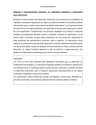 NEUROCONFERENCIA
EMBRIOLOGÍA DEL SISTEMA NERVIOSO pág. 19
SEMANA 9. ORGANIZACIÓN CORTICAL: EL CEREBRO COMIENZA A CONSTRUIR
SUS CIRCUITOS
Durante la novena semana del desarrollo embrionario, las neuronas que completaron su
migración comienzan a organizarse en capas y circuitos funcionales. En la corteza cerebral,
este proceso sigue un patrón denominado "de adentro hacia afuera", en el cual las primeras
neuronas forman las capas profundas y las siguientes atraviesan esas capas para constituir
las más superficiales. Paralelamente, las neuronas establecen sus primeras conexiones
mediante prolongaciones llamadas axones y dendritas, iniciando la organización de las
futuras redes neuronales. Aunque estas conexiones aún son inmaduras, representan la
base anatómica del procesamiento sensorial, motor y cognitivo. La importancia clínica
radica en que alteraciones durante esta organización producen displasias corticales focales,
una de las principales causas de epilepsia farmacorresistente en niños y adultos jóvenes.
Recuerda: un cerebro funcional depende no solo de producir y migrar neuronas, sino
también de organizarlas correctamente para formar circuitos eficientes.
ANÁLISIS
Un niño de cinco años presenta crisis epilépticas frecuentes que no responden al
tratamiento farmacológico. La resonancia magnética identifica una displasia cortical focal
en el lóbulo frontal. El neurólogo explica que las neuronas alcanzaron su destino durante
el desarrollo embrionario, pero no lograron organizarse adecuadamente en las capas
corticales ni establecer conexiones normales.
La organización cortical defectuosa produjo una displasia cortical focal, alterando los
circuitos neuronales y favoreciendo epilepsia farmacorresistente desde la infancia.
 