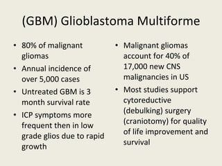 (GBM) Glioblastoma Multiforme 80% of malignant gliomas Annual incidence of over 5,000 cases Untreated GBM is 3 month survival rate ICP symptoms more frequent then in low grade glios due to rapid growth Malignant gliomas account for 40% of 17,000 new CNS malignancies in US Most studies support cytoreductive (debulking) surgery (craniotomy) for quality of life improvement and survival 