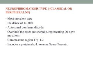 NEUROFIBROMATOSISTYPE 1 (CLASSICALOR
PERIPHERALNF)
• Most prevalent type
• Incidence of 1/3,000
• Autosomal dominant disorder
• Over half the cases are sporadic, representing De novo
mutations.
• Chromosome region 17q11.2
• Encodes a protein also known as Neurofibromin.
 