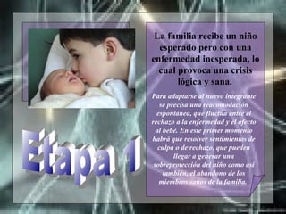 Etapa 1 La familia recibe un niño esperado pero con una enfermedad inesperada, lo cual provoca una crisis lógica y sana.   Para adaptarse al nuevo integrante se precisa una reacomodación espontánea, que fluctúa entre el rechazo a la enfermedad y el afecto al bebé. En este primer momento habrá que resolver sentimientos de culpa o de rechazo, que pueden llegar a generar una sobreprotección del niño como así también, el abandono de los miembros sanos de la familia.  