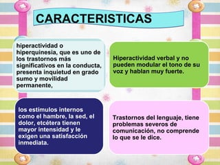 CARACTERISTICAS

hiperactividad o
hiperquinesia, que es uno de
los trastornos más               Hiperactividad verbal y no
significativos en la conducta,   pueden modular el tono de su
presenta inquietud en grado      voz y hablan muy fuerte.
sumo y movilidad
permanente,


los estímulos internos
como el hambre, la sed, el       Trastornos del lenguaje, tiene
dolor, etcétera tienen           problemas severos de
mayor intensidad y le            comunicación, no comprende
exigen una satisfacción          lo que se le dice.
inmediata.
 