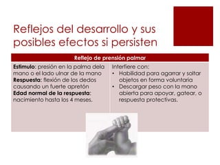 Reflejos del desarrollo y sus
posibles efectos si persisten
                      Reflejo de prensión palmar
Estimulo: presión en la palma dela   Interfiere con:
mano o el lado ulnar de la mano      • Habilidad para agarrar y soltar
Respuesta: flexión de los dedos         objetos en forma voluntaria
causando un fuerte apretón           • Descargar peso con la mano
Edad normal de la respuesta:            abierta para apoyar, gatear, o
nacimiento hasta los 4 meses.           respuesta protectivas.
 