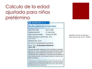 Calculo de la edad
ajustada para niños
pretérmino


                      Pediatric Physical Therapy,
                      4ed, Escrito por Jan S. Tecklin
 