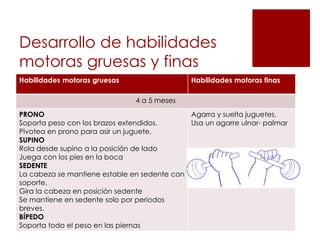 Desarrollo de habilidades
motoras gruesas y finas
Habilidades motoras gruesas                   Habilidades motoras finas

                               4 a 5 meses
PRONO                                        Agarra y suelta juguetes.
Soporta peso con los brazos extendidos.      Usa un agarre ulnar- palmar
Pivotea en prono para asir un juguete.
SUPINO
Rola desde supino a la posición de lado
Juega con los pies en la boca
SEDENTE
La cabeza se mantiene estable en sedente con
soporte.
Gira la cabeza en posición sedente
Se mantiene en sedente solo por periodos
breves.
BÍPEDO
Soporta todo el peso en las piernas
 