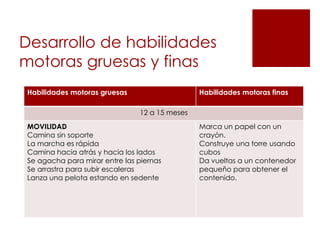 Desarrollo de habilidades
motoras gruesas y finas
 Habilidades motoras gruesas                    Habilidades motoras finas

                                12 a 15 meses
 MOVILIDAD                                      Marca un papel con un
 Camina sin soporte                             crayón.
 La marcha es rápida                            Construye una torre usando
 Camina hacia atrás y hacia los lados           cubos
 Se agacha para mirar entre las piernas         Da vueltas a un contenedor
 Se arrastra para subir escaleras               pequeño para obtener el
 Lanza una pelota estando en sedente            contenido.
 