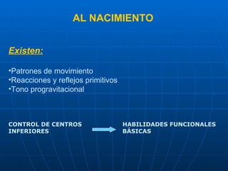 AL NACIMIENTO Existen: Patrones de movimiento Reacciones y reflejos primitivos Tono progravitacional   CONTROL DE CENTROS  HABILIDADES FUNCIONALES INFERIORES BÁSICAS 