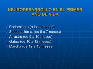 NEURODESARROLLO EN EL PRIMER AÑO DE VIDA Rodamiento (a los 4 meses) Sedestación (a los 6 a 7 meses) Arrastre (de 9 a 10 meses) Gateo (de 10 a 12 meses) Marcha (de 12 a 18 meses) 