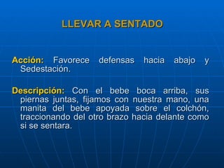LLEVAR A SENTADO Acción:   Favorece defensas hacia abajo y Sedestación. Descripción:   Con el bebe boca arriba, sus piernas juntas, fijamos con nuestra mano, una manita del bebe apoyada sobre el colchón, traccionando del otro brazo hacia delante como si se sentara.  