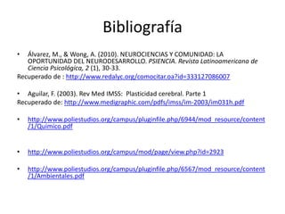 Bibliografía
• Álvarez, M., & Wong, A. (2010). NEUROCIENCIAS Y COMUNIDAD: LA
OPORTUNIDAD DEL NEURODESARROLLO. PSIENCIA. Revista Latinoamericana de
Ciencia Psicológica, 2 (1), 30-33.
Recuperado de : http://www.redalyc.org/comocitar.oa?id=333127086007
• Aguilar, F. (2003). Rev Med IMSS: Plasticidad cerebral. Parte 1
Recuperado de: http://www.medigraphic.com/pdfs/imss/im-2003/im031h.pdf
• http://www.poliestudios.org/campus/pluginfile.php/6944/mod_resource/content
/1/Quimico.pdf
• http://www.poliestudios.org/campus/mod/page/view.php?id=2923
• http://www.poliestudios.org/campus/pluginfile.php/6567/mod_resource/content
/1/Ambientales.pdf
 