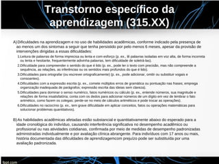 Transtorno específico da
aprendizagem (315.XX)
A)Dificuldades na aprendizagem e no uso de habilidades acadêmicas, conforme indicado pela presença de
ao menos um dos sintomas a seguir que tenha persistido por pelo menos 6 meses, apesar da provisão de
intervenções dirigidas a essas dificuldades:
1.Leitura de palavras de forma imprecisa ou lenta e com esforço (p. ex., lê palavras isoladas em voz alta, de forma incorreta
ou lenta e hesitante, frequentemente adivinha palavras, tem dificuldade de soletrá-las).
2.Dificuldade para compreender o sentido do que é lido (p. ex., pode ler o texto com precisão, mas não compreende a
sequência, as relações, as inferências ou os sentidos mais profundos do que é lido).
3.Dificuldades para ortografar (ou escrever ortograficamente) (p. ex., pode adicionar, omitir ou substituir vogais e
consoantes).
4.Dificuldades com a expressão escrita (p. ex., comete múltiplos erros de gramática ou pontuação nas frases; emprega
organização inadequada de parágrafos; expressão escrita das ideias sem clareza).
5.Dificuldades para dominar o senso numérico, fatos numéricos ou cálculo (p. ex., entende números, sua magnitude e
relações de forma insatisfatória; conta com os dedos para adicionar números de um dígito em vez de lembrar o fato
aritmético, como fazem os colegas; perde-se no meio de cálculos aritméticos e pode trocar as operações).
6.Dificuldades no raciocínio (p. ex., tem grave dificuldade em aplicar conceitos, fatos ou operações matemáticas para
solucionar problemas quantitativos).
B)As habilidades acadêmicas afetadas estão substancial e quantitativamente abaixo do esperado para a
idade cronológica do indivíduo, causando interferência significativa no desempenho acadêmico ou
profissional ou nas atividades cotidianas, confirmada por meio de medidas de desempenho padronizadas
administradas individualmente e por avaliação clínica abrangente. Para indivíduos com 17 anos ou mais,
história documentada das dificuldades de aprendizagemcom prejuízo pode ser substituída por uma
avaliação padronizada.
 