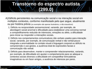 Transtorno do espectro autista
(299.0)
A)Déficits persistentes na comunicação social e na interação social em
múltiplos contextos, conforme manifestado pelo que segue, atualmente
ou por história prévia (os exemplos são apenas ilustrativos, e não exaustivos)
1. Déficits na reciprocidade socioemocional, variando, por exemplo, de
abordagem social anormal e dificuldade para estabelecer uma conversa normal
a compartilhamento reduzido de interesses, emoções ou afeto, a dificuldade
para iniciar ou responder a interações sociais.
2. Déficits nos comportamentos comunicativos não verbais usados para interação
social, variando, por exemplo, de comunicação verbal e não verbal pouco
integrada a anormalidade no contato visual e linguagem corporal ou déficits na
compreensão e uso gestos, a ausência total de expressões faciais e
comunicação não verbal.
3. Déficits para desenvolver, manter e compreender relacionamentos, variando,
por exemplo, de dificuldade em ajustar o comportamento para se adequar a
contextos sociais diversos a dificuldade em compartilhar brincadeiras
imaginativas ou em fazer amigos, a ausência de interesse por pares.
 