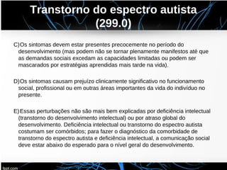 Transtorno do espectro autista
(299.0)
C)Os sintomas devem estar presentes precocemente no período do
desenvolvimento (mas podem não se tornar plenamente manifestos até que
as demandas sociais excedam as capacidades limitadas ou podem ser
mascarados por estratégias aprendidas mais tarde na vida).
D)Os sintomas causam prejuízo clinicamente significativo no funcionamento
social, profissional ou em outras áreas importantes da vida do indivíduo no
presente.
E)Essas perturbações não são mais bem explicadas por deficiência intelectual
(transtorno do desenvolvimento intelectual) ou por atraso global do
desenvolvimento. Deficiência intelectual ou transtorno do espectro autista
costumam ser comórbidos; para fazer o diagnóstico da comorbidade de
transtorno do espectro autista e deficiência intelectual, a comunicação social
deve estar abaixo do esperado para o nível geral do desenvolvimento.
 