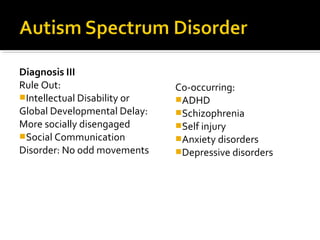 Diagnosis III
Rule Out:
Intellectual Disability or
Global Developmental Delay:
More socially disengaged
Social Communication
Disorder: No odd movements
Co-occurring:
ADHD
Schizophrenia
Self injury
Anxiety disorders
Depressive disorders
 