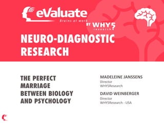 NEURO-DIAGNOSTIC
RESEARCH
DAVID  WEINBERGER
Director
WHY5Research  -­‐  USA
THE PERFECT
MARRIAGE
BETWEEN BIOLOGY
AND PSYCHOLOGY
BY
MADELEINE  JANSSENS
Director
WHY5Research
 