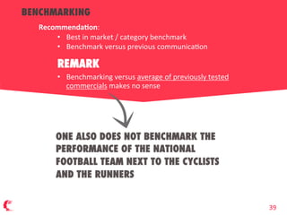 BENCHMARKING
RecommendaDon:
•  Best  in  market  /  category  benchmark
•  Benchmark  versus  previous  communica;on
REMARK
•  Benchmarking  versus  average  of  previously  tested    
commercials  makes  no  sense
ONE ALSO DOES NOT BENCHMARK THE
PERFORMANCE OF THE NATIONAL
FOOTBALL TEAM NEXT TO THE CYCLISTS
AND THE RUNNERS
39
 