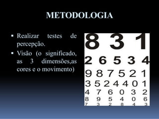 METODOLOGIA
 Realizar

testes

de

percepção.
 Visão (o significado,
as 3 dimensões,as
cores e o movimento)

 