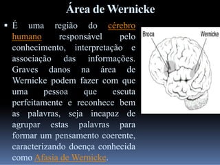 Área de Wernicke
 É

uma região do cérebro
humano
responsável
pelo
conhecimento, interpretação e
associação das informações.
Graves danos na área de
Wernicke podem fazer com que
uma
pessoa
que
escuta
perfeitamente e reconhece bem
as palavras, seja incapaz de
agrupar estas palavras para
formar um pensamento coerente,
caracterizando doença conhecida
como Afasia de Wernicke.

 