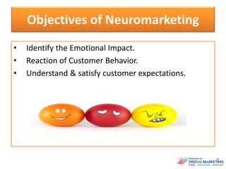 Objectives of Neuromarketing
• Identify the Emotional Impact.
• Reaction of Customer Behavior.
• Understand & satisfy customer expectations.
 