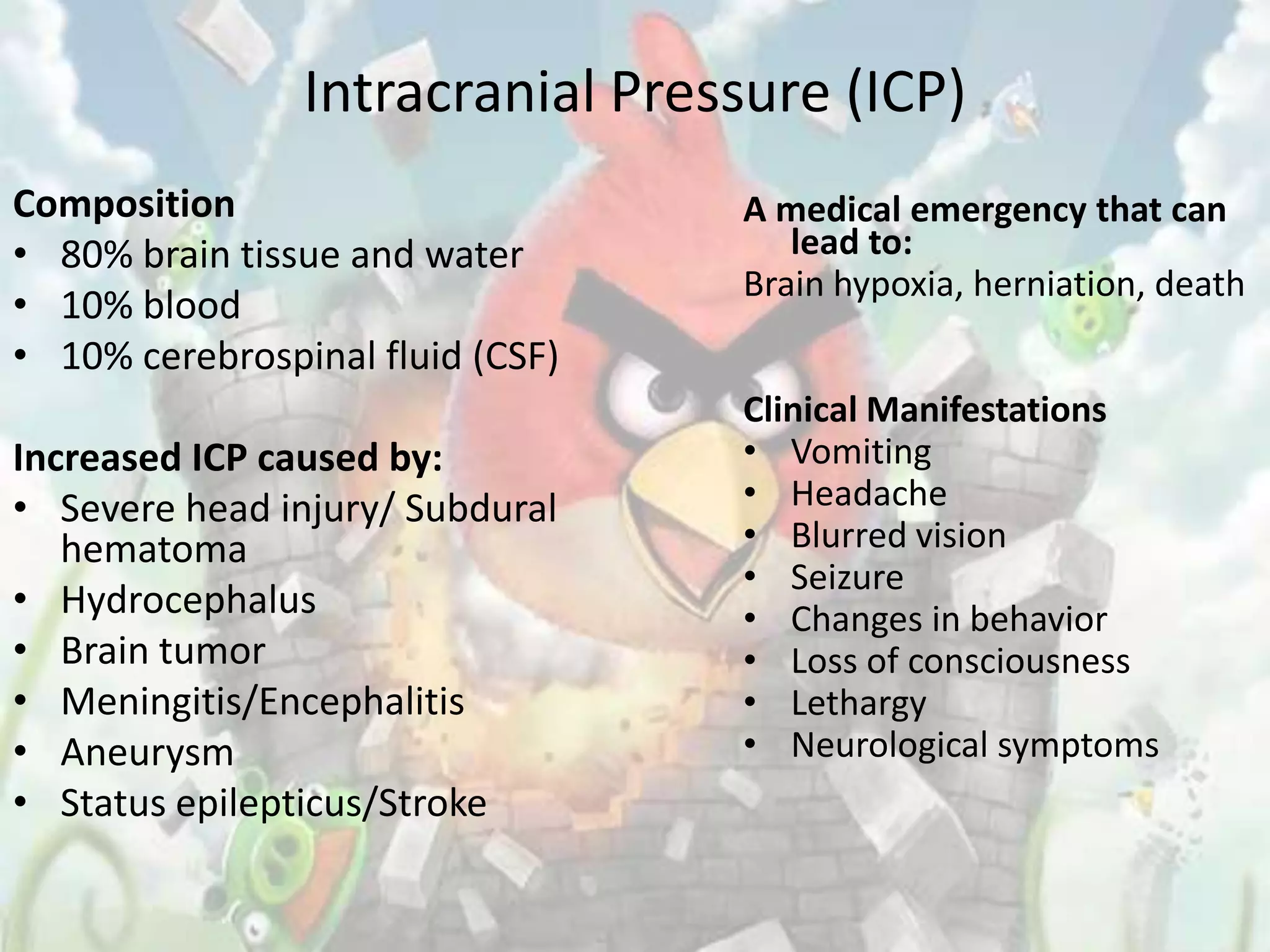 Intracranial Pressure (ICP)
Composition                       A medical emergency that can
• 80% brain tissue and water         lead to:
                                  Brain hypoxia, herniation, death
• 10% blood
• 10% cerebrospinal fluid (CSF)
                                  Clinical Manifestations
Increased ICP caused by:          • Vomiting
• Severe head injury/ Subdural    • Headache
   hematoma                       • Blurred vision
                                  • Seizure
• Hydrocephalus                   • Changes in behavior
• Brain tumor                     • Loss of consciousness
• Meningitis/Encephalitis         • Lethargy
• Aneurysm                        • Neurological symptoms
• Status epilepticus/Stroke
 