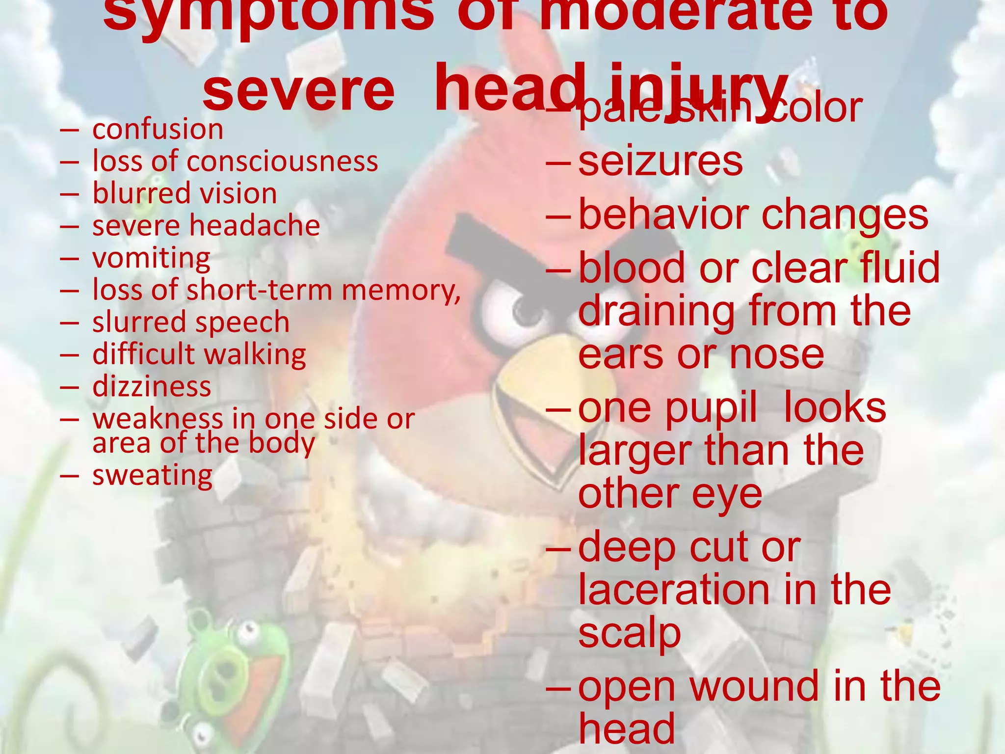 symptoms of moderate to
          severe headpale skin color
– confusion
                    – injury
– loss of consciousness        – seizures
– blurred vision
– severe headache              – behavior changes
– vomiting                     – blood or clear fluid
– loss of short-term memory,
– slurred speech                 draining from the
– difficult walking              ears or nose
– dizziness
– weakness in one side or      – one pupil looks
  area of the body               larger than the
– sweating
                                 other eye
                               – deep cut or
                                 laceration in the
                                 scalp
                               – open wound in the
                                 head
 