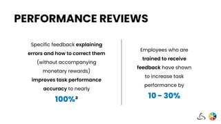 PERFORMANCE REVIEWS
Specific feedback explaining
errors and how to correct them
(without accompanying
monetary rewards)
improves task performance
accuracy to nearly
100%²
Employees who are
trained to receive
feedback have shown
to increase task
performance by
10 - 30%
 
