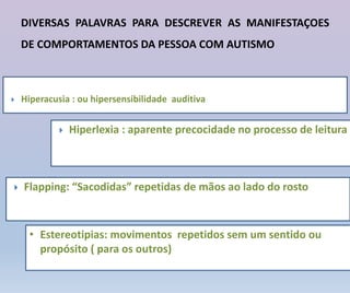 DIVERSAS PALAVRAS PARA DESCREVER AS MANIFESTAÇOES
DE COMPORTAMENTOS DA PESSOA COM AUTISMO
• Estereotipias: movimentos repetidos sem um sentido ou
propósito ( para os outros)
 Hiperlexia : aparente precocidade no processo de leitura
 Flapping: “Sacodidas” repetidas de mãos ao lado do rosto
 Hiperacusia : ou hipersensibilidade auditiva
 