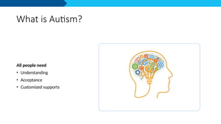 What is Autism?
All people need
• Understanding
• Acceptance
• Customized supports
 