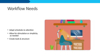 Workflow Needs
• Adapt schedules to attention
• Allow for stimulation or simplicity,
as needed
• Create tools & structure
 